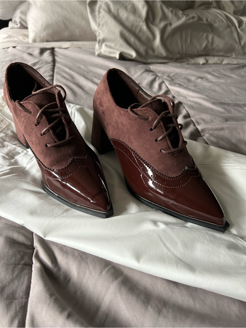 Women's Pointed Toe Lace-Up Heeled Oxford - Brown